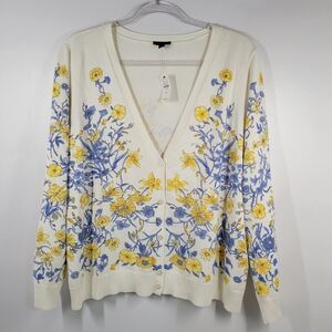 Talbots Blue Yellow Floral Cotton Blend Button Up Cardigan Sweater Women 2X NWT